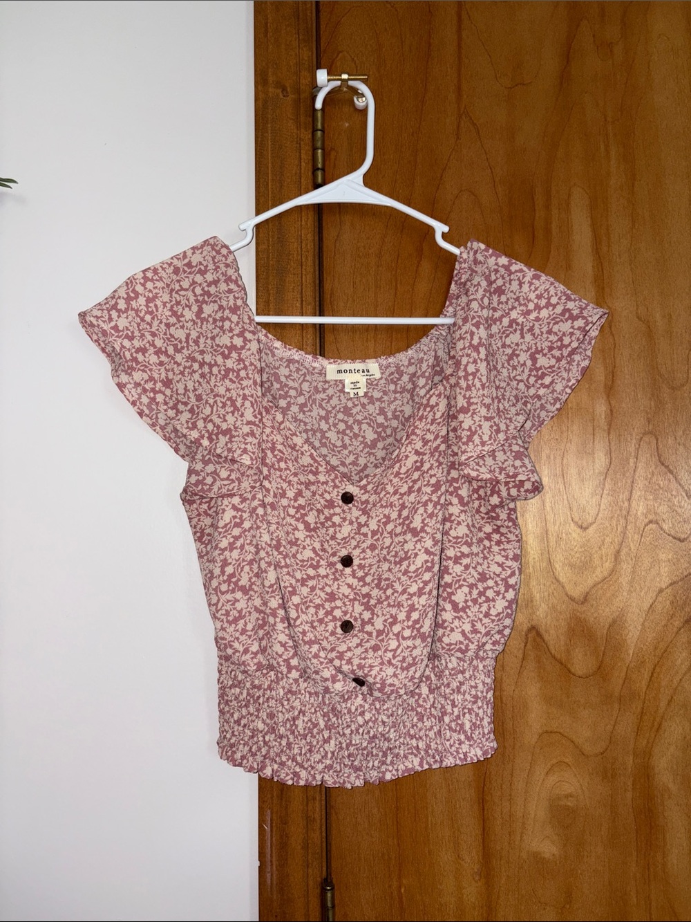 Monteau Dusty Rose Floral Button-Front Ruffle Sleeve Top